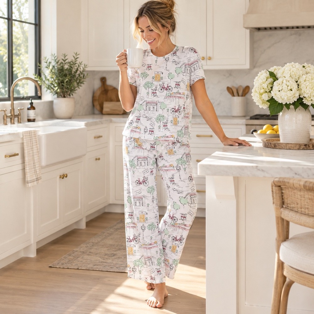 Joyspun Dreamy Soft Paris Cafe Print Pajama Set Short Sleeve Wide Leg Small 4-6